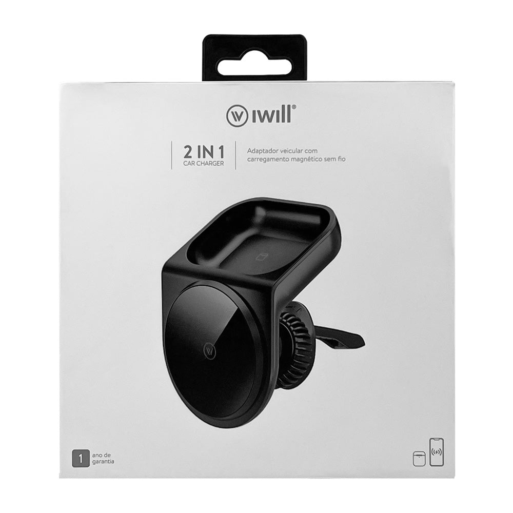 Carregador veicular 2 em 1 com carregamento magnético sem fio | iWill