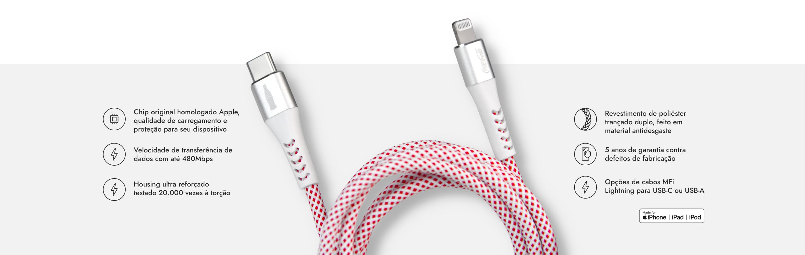 Informações sobre o cabo MFi Lightning para USB-C da iWill e Coca-Cola