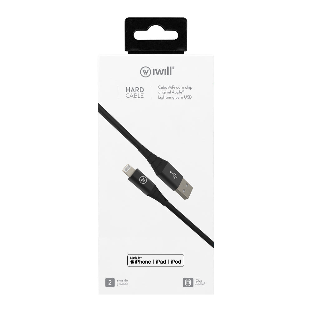 Cabo Homologado MFi Lightning para USB em TPE 1,2m Preto | Hard Cable iWill