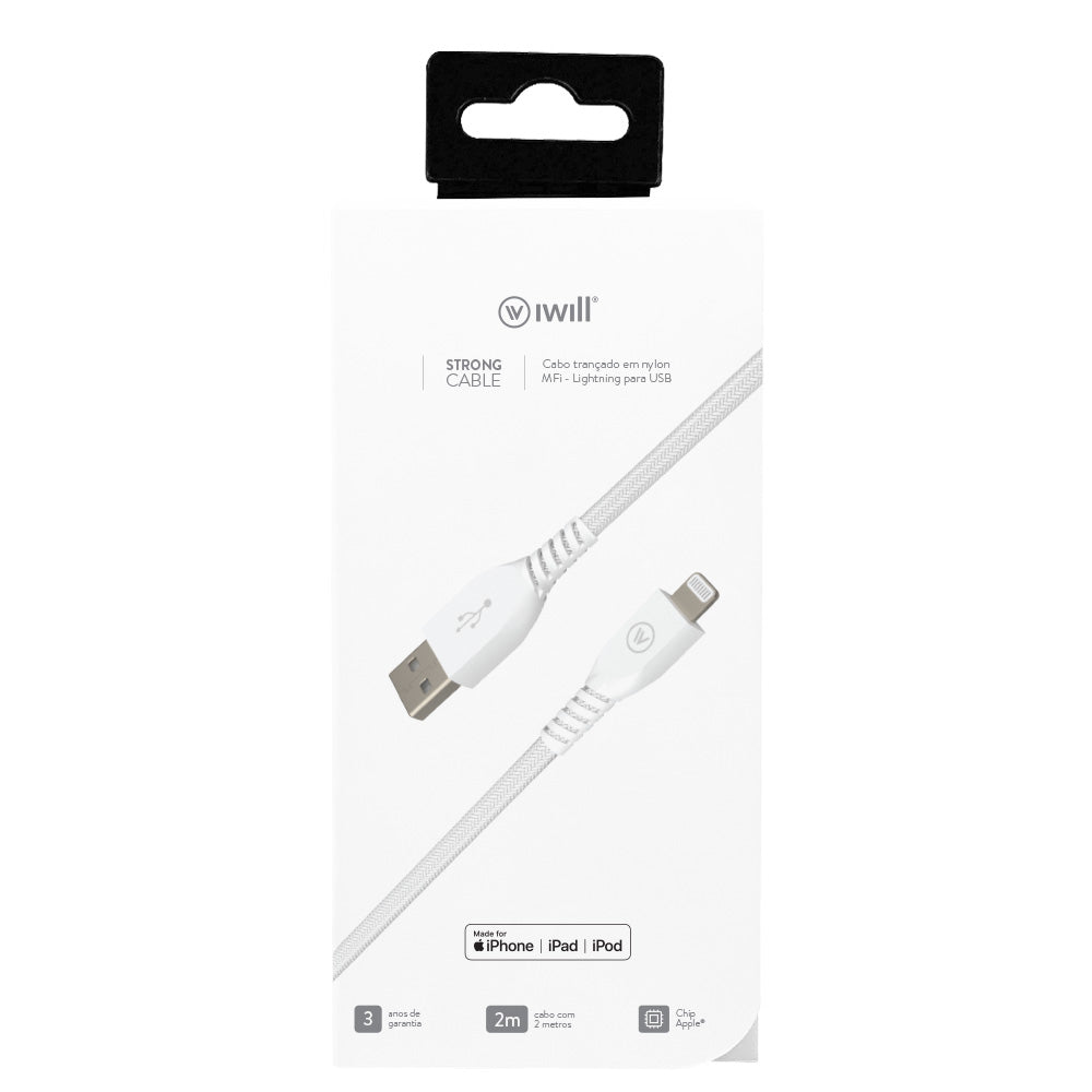 Cabo Homologado MFi Lightning para USB em Nylon 1,2m Branco | Strong Cable iWill