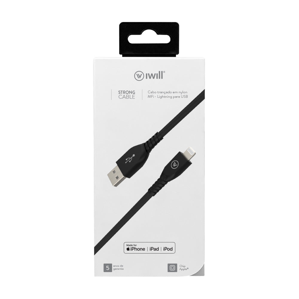 Cabo Homologado MFi Lightning para USB em Nylon 1,2m Preto | Strong Cable iWill
