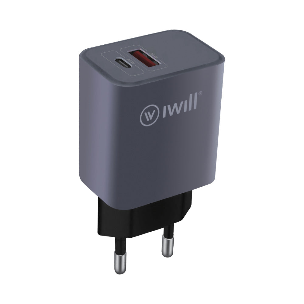Carregador GaN - Adaptador GaN 45W com 1 USB e 1 USB-C PD - Cinza