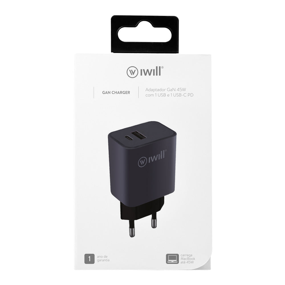 Carregador GaN 1 porta USB + 1 USB-C 45W Cinza - iWill