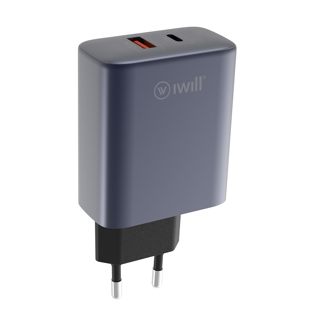Carregador GaN 65W com 1 USB e 1 USB-C Power Delivery - GaN Charger - Cinza