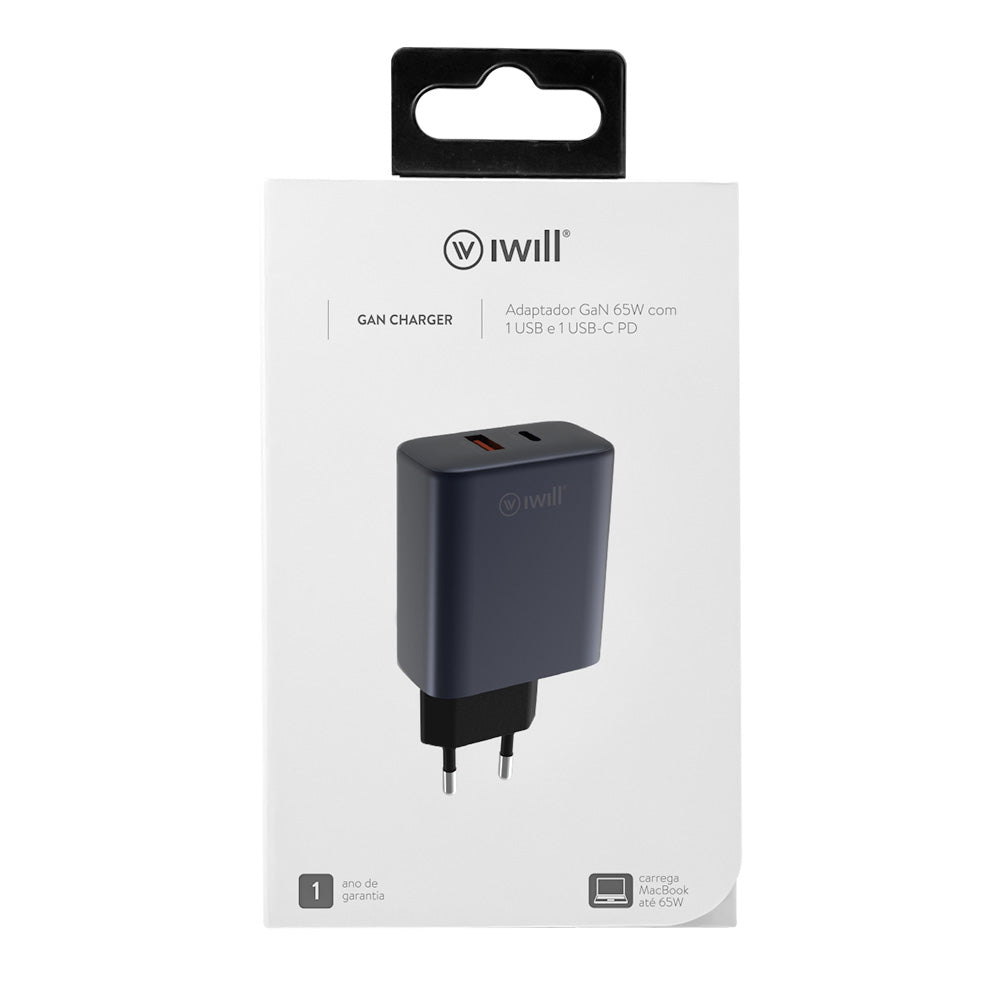 Carregador GaN 65W com 1 USB e 1 USB-C Power Delivery - iWill