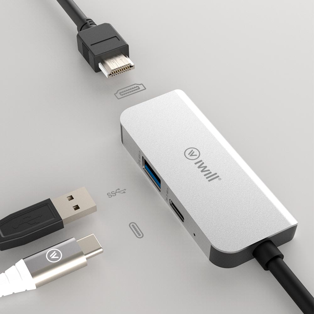 Hub USB-C Mini 3 em 1 - HDMI, USB, USB-C - iWill