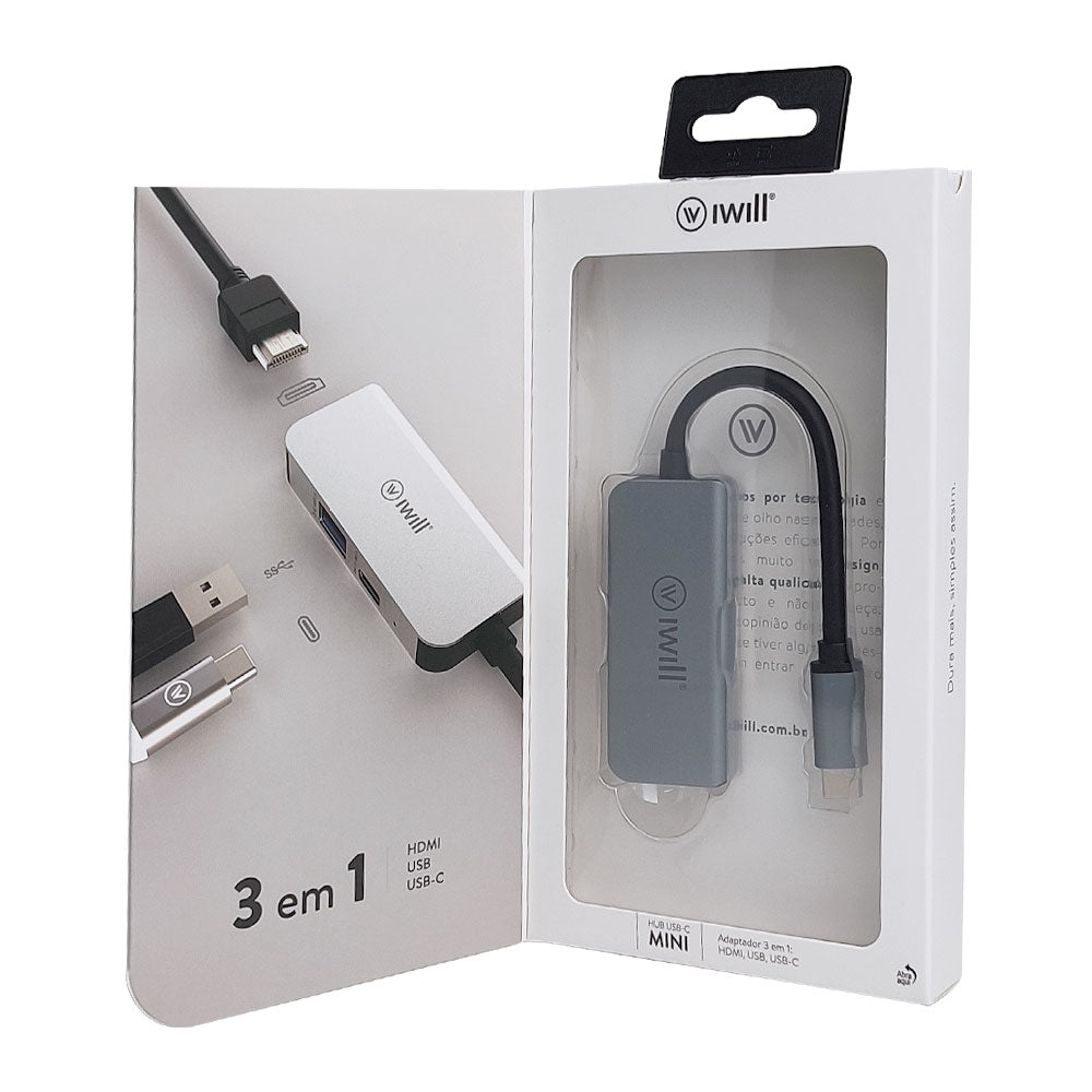 Hub USB-C Mini 3 em 1 - HDMI, USB, USB-C - iWill