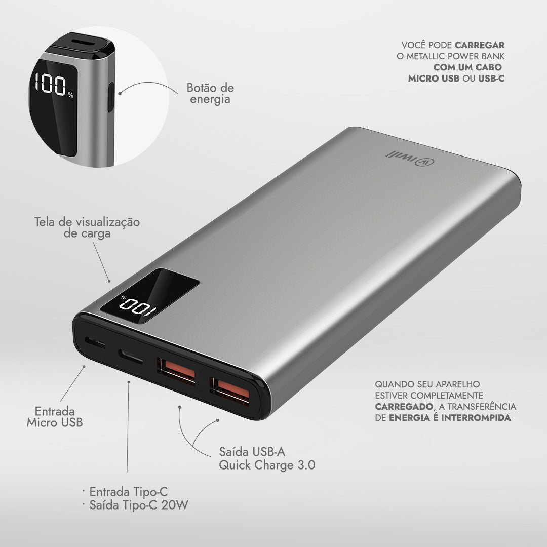 Power Bank Metallic 20W 10000mAh USB-C Cinza | iWill